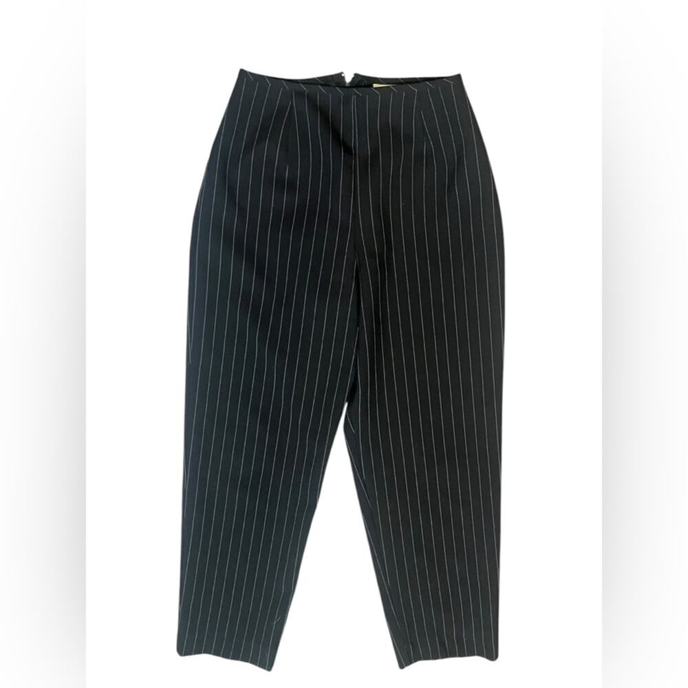 Vtg 90s Black Pinstripe Menswear Inspired High Waisted Tapered Leg Trousers 3/4